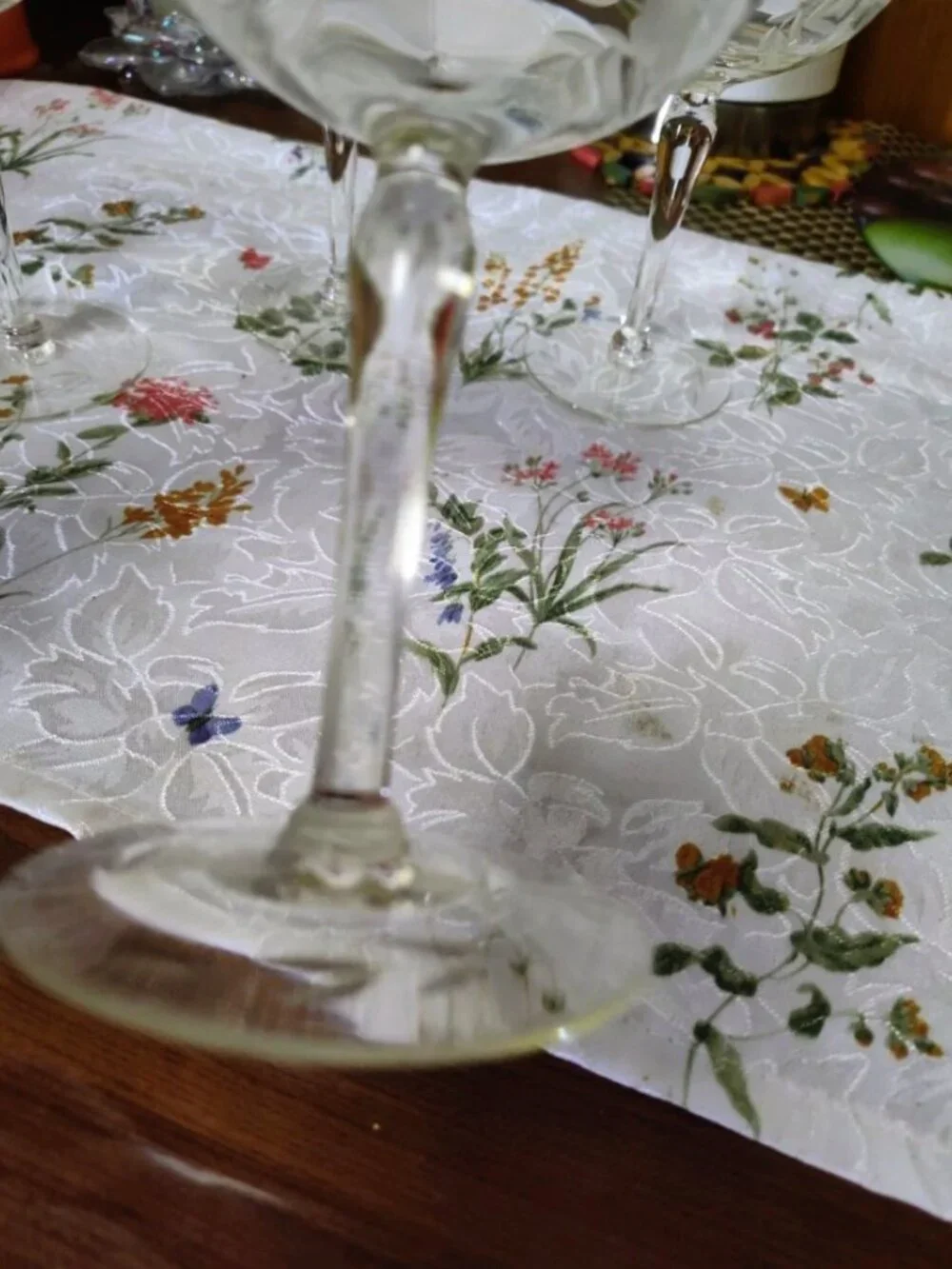 Lot of 2 Vintage Glass Champagne Couples Etched Floral & Vine Motiff